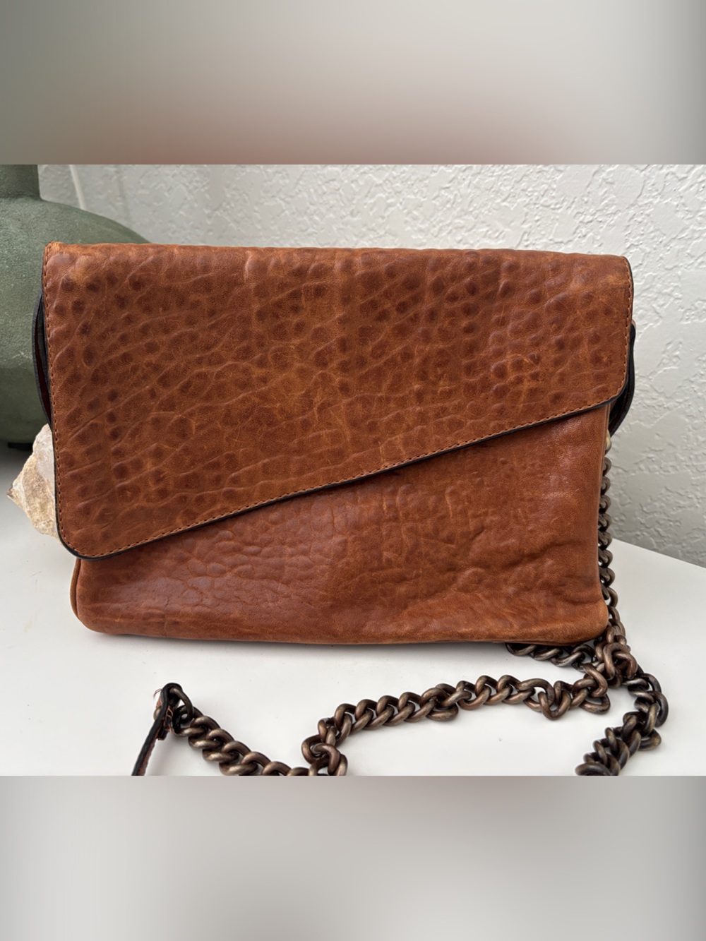 Textured Brown genuine Italian Leather Crossbody envelope Clutch
